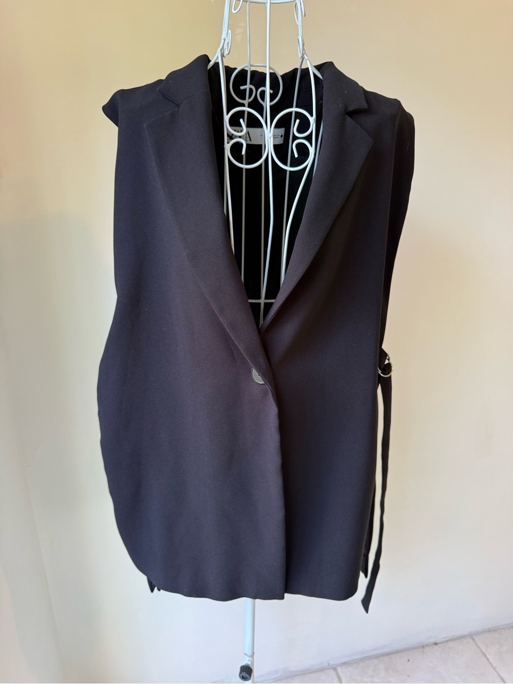 Zara Sleeveless Long Blazer Vest Black Belted Open Front Size M Career Chic
